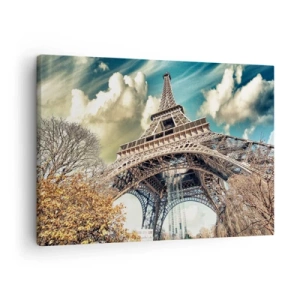 Schilderen op canvas - De Eiffeltoren van onderaf in een herfstachtige setting - 70x50cm - En in de herfst in Parijs... - Moderne wanddecoratie voor woonkamer en slaapkamer ARTTOR