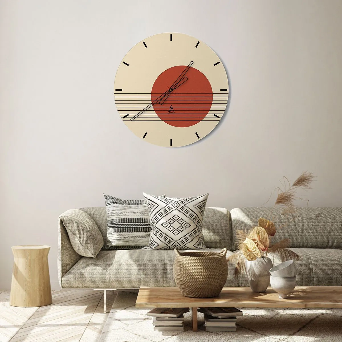 Wandklok - Klok - Geometrisch motief met een oranje cirkel en zwarte lijnen - 30x30cm - Opnieuw en opnieuw en verder - Moderne wanddecoratie voor woonkamer, keuken en slaapkamer ARTTOR