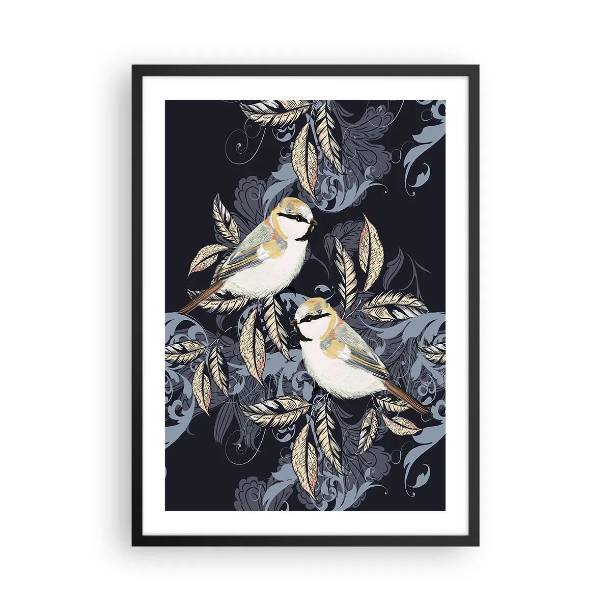 Poster in een zwarte lijst - Twee vogels tegen een achtergrond van decoratieve bladeren en ornamenten - 50x70cm - Geel-blauwe triller - Moderne wanddecoratie voor woonkamer en slaapkamer ARTTOR