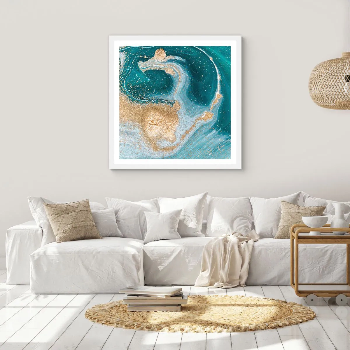 Poster in een witte lijst - Een werveling van goud en turkoois - 60x60 cm