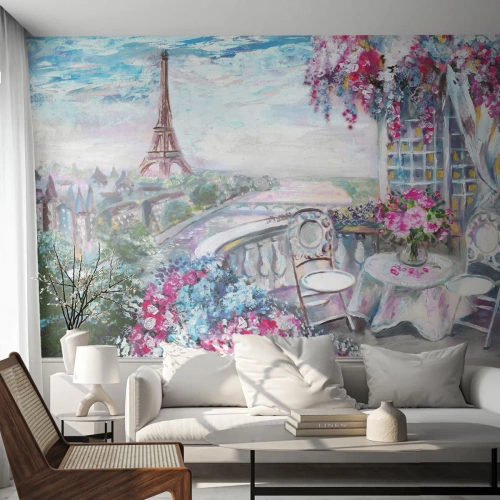 Fotobehang Standard Eco - Romantisch uitzicht op de Eiffeltoren vanaf het balkon - 100x70cm - Het is hier het mooist in mei - Moderne wanddecoratie voor woonkamer en slaapkamer ARTTOR