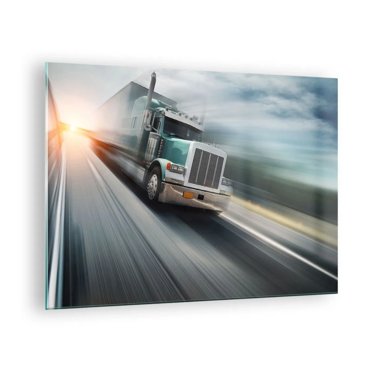 Schilderen op glas - Vrachtwagen op de snelweg bij zonsondergang - 70x50cm - De Amerikaanse reus in haast - Moderne wanddecoratie voor woonkamer en slaapkamer ARTTOR