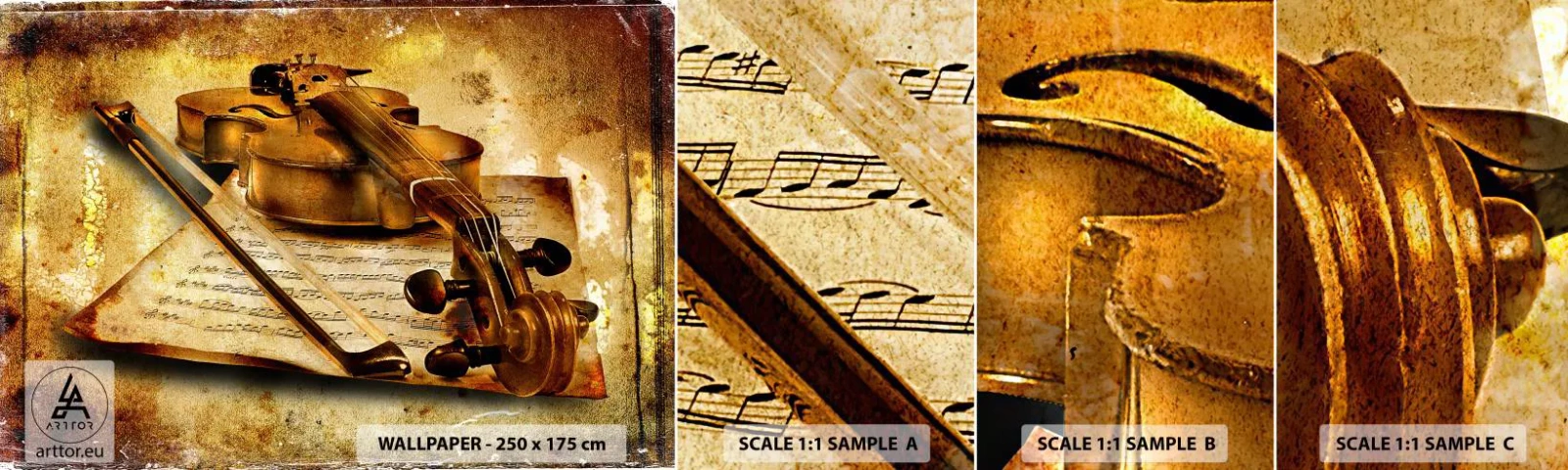 Fotobehang Staaltje Standard Eco - Een virtuoos onmiddelijk nodig - Viool, Muziek, Muzieknoten - 100x30 cm