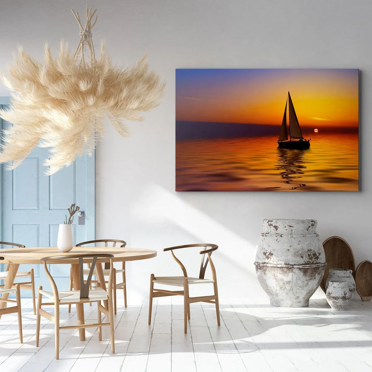 Schilderen op canvas - Een zeilboot op een kalme zee bij zonsondergang - 70x50cm - Hoe stil is het hier in de schemering... - Moderne wanddecoratie voor woonkamer en slaapkamer ARTTOR