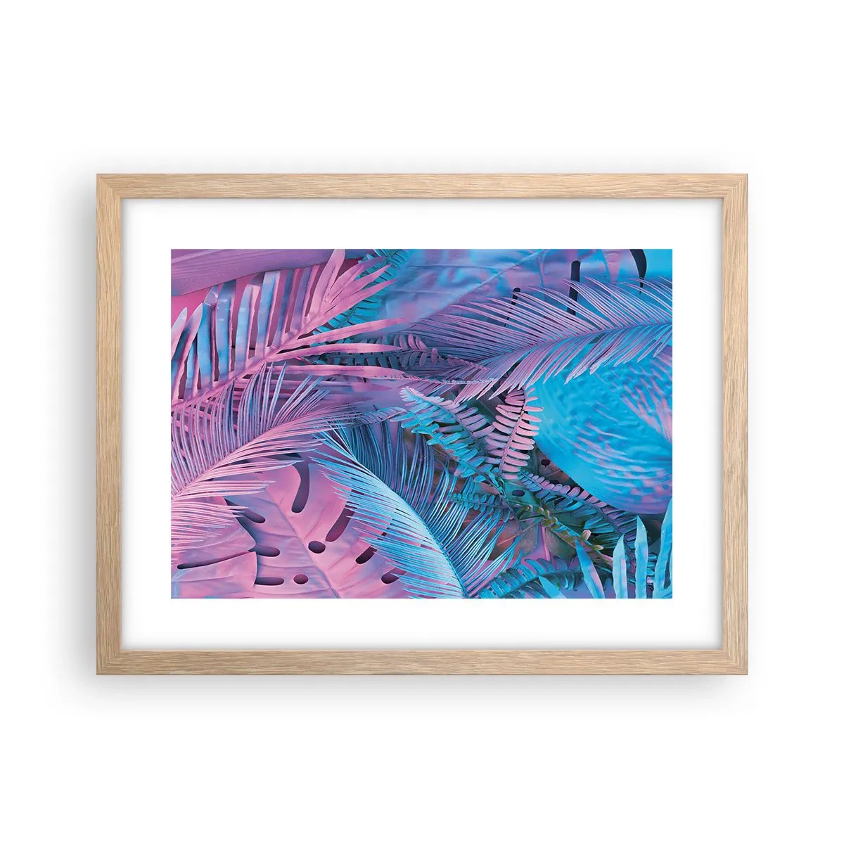 Een poster in een licht eiken lijst - Tropen in roze en blauw - 40x30 cm