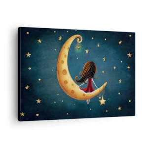 Schilderen op canvas - Een meisje op de maan omringd door sterren - 70x50cm - Een keer… - Moderne wanddecoratie voor woonkamer en slaapkamer ARTTOR