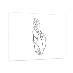 Schilderen op glas - Een subtiele lineaire tekening van gevouwen handen op een witte achtergrond. - 70x50cm - Goede aanraking - Moderne wanddecoratie voor woonkamer en slaapkamer ARTTOR