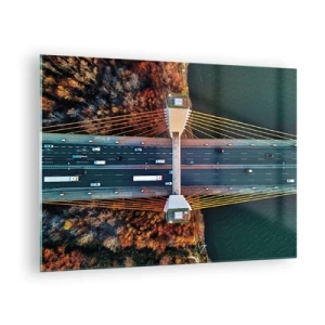 Schilderen op glas - Luchtfoto van de brug met een symmetrische opstelling van kabels en auto's - 70x50cm - BEYOND the waters, beyond the forest - Moderne wanddecoratie voor woonkamer en slaapkamer ARTTOR