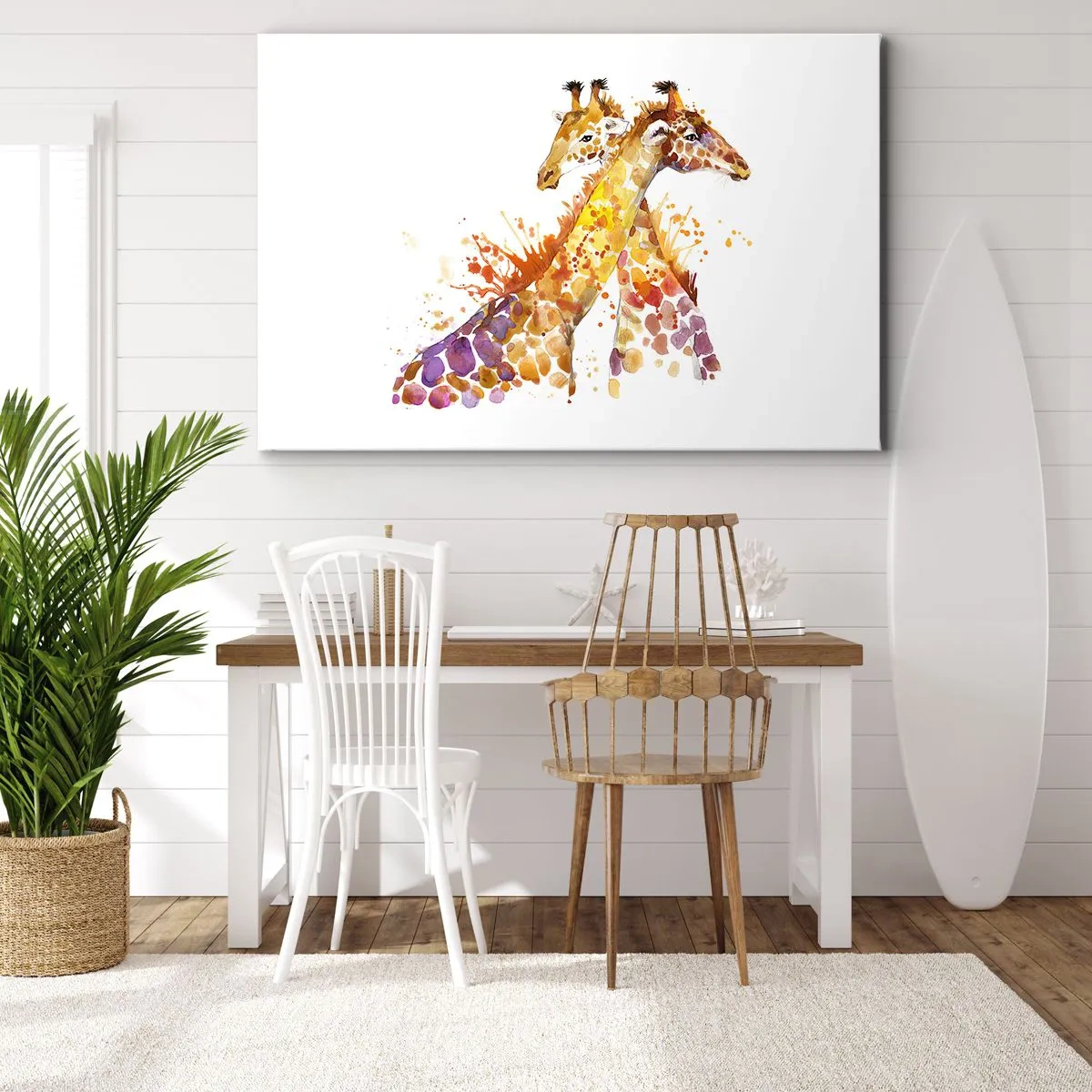 Schilderen op canvas - Aquarel giraffen in kleurrijke tinten - 70x50cm - Is het vriendschap of is het een baby? - Moderne wanddecoratie voor woonkamer en slaapkamer ARTTOR