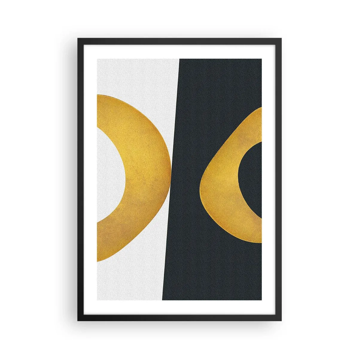 Poster in een zwarte lijst - Een abstracte compositie met overwegend gouden en donkergroene vormen. - 50x70cm - Ten eerste: goud - Moderne wanddecoratie voor woonkamer en slaapkamer ARTTOR