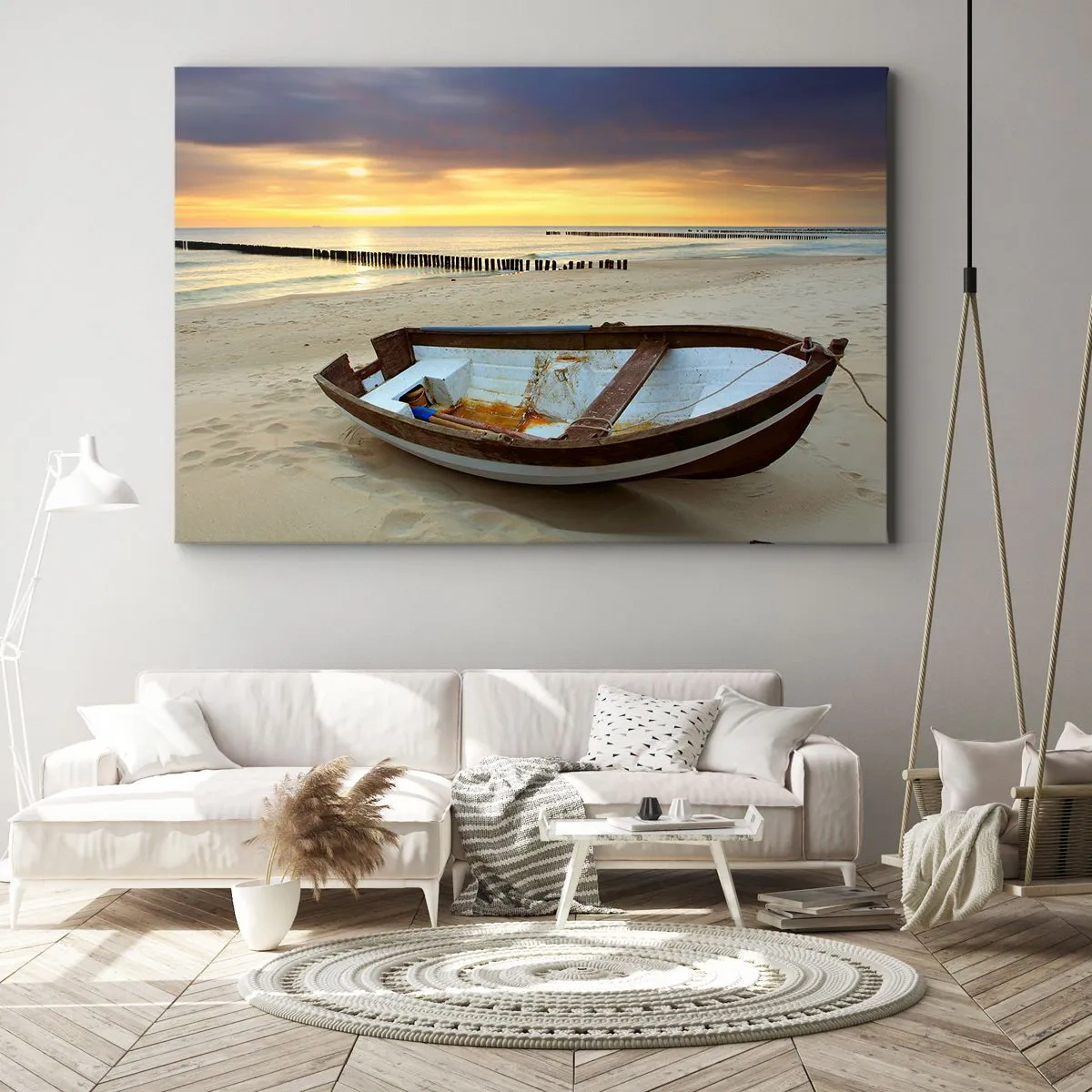 Schilderen op canvas - Een boot op een zandstrand bij zonsondergang - 70x50cm - Er zijn geen mooiere stranden meer - Moderne wanddecoratie voor woonkamer en slaapkamer ARTTOR