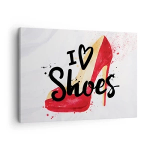 Schilderen op canvas - Rode stiletto met het opschrift 'Ik hou van schoenen' op een witte achtergrond - 70x50cm - Liefde heeft vele namen - Moderne wanddecoratie voor woonkamer en slaapkamer ARTTOR