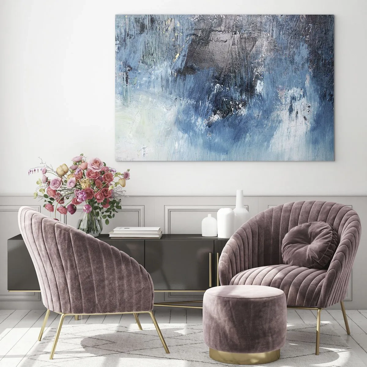 Schilderen op glas - Abstracte compositie in tinten blauw - 70x50cm - Rhapsody in Blauw - Moderne wanddecoratie voor woonkamer en slaapkamer ARTTOR