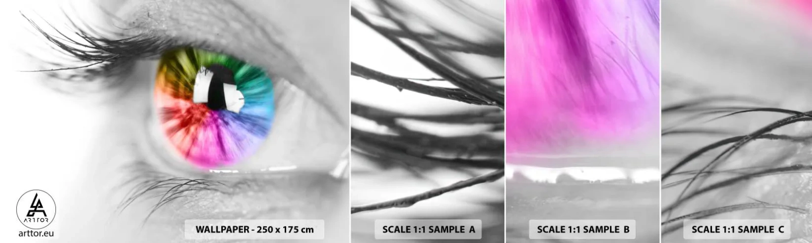 Fotobehang Staaltje Standard Eco - Kijk naar de wereld in kleuren - Abstractie, Kleurrijk oog, 3D - 100x30 cm