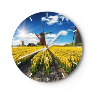 Wandklok - Klok - Gele tulpen tegen de achtergrond van windmolens en een blauwe lucht - 30x30cm - Hollandser kan het niet - Moderne wanddecoratie voor woonkamer, keuken en slaapkamer ARTTOR