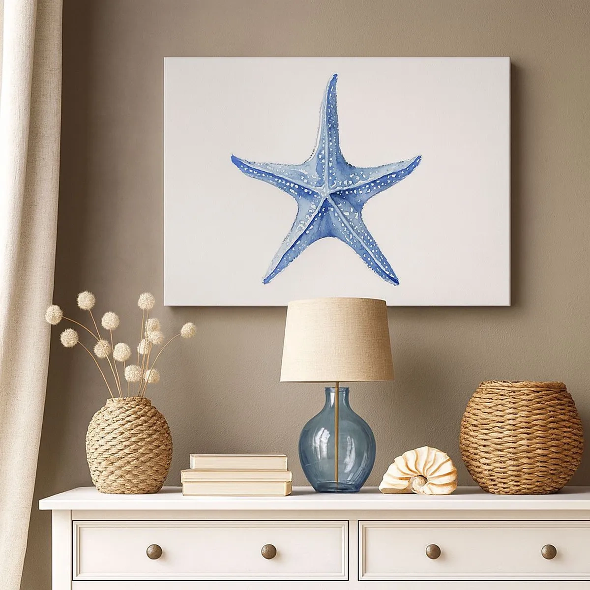 Schilderen op canvas - Blauwe zeester op een witte achtergrond in een minimalistische stijl - 70x50cm - Ster van de zee - Moderne wanddecoratie voor woonkamer en slaapkamer ARTTOR