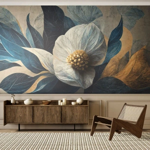 Fotobehang Standard Eco - Een bloem met witte bloemblaadjes, blauwe bladeren en een gouden hart - 100x70cm - Hij heeft een hart van goud - Moderne wanddecoratie voor woonkamer en slaapkamer ARTTOR