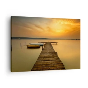 Schilderen op canvas - Houten steiger en boten op het meer bij zonsondergang - 70x50cm - Ik zal de gouden hemel voor je openen - Moderne wanddecoratie voor woonkamer en slaapkamer ARTTOR