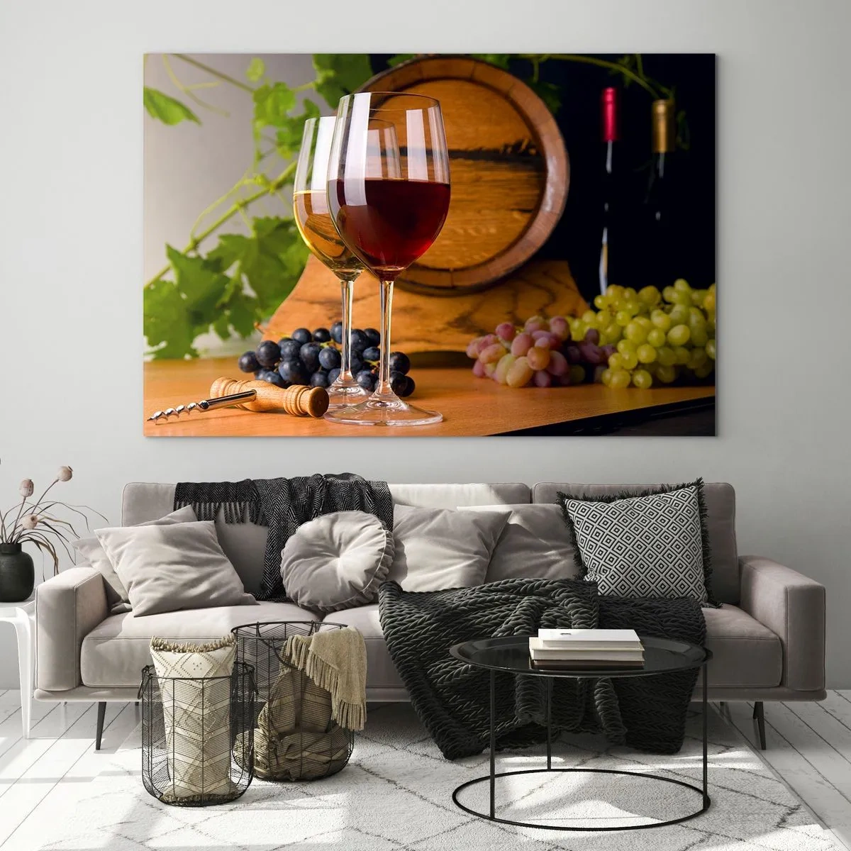 Schilderen op glas - Glazen wijn, druiven en een vat tegen een achtergrond van wijnbladeren - 70x50cm - Net als de oude meesters - Moderne wanddecoratie voor woonkamer en slaapkamer ARTTOR
