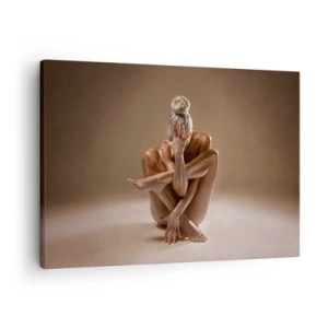 Schilderen op canvas - Artistiek silhouet van een vrouw op een beige achtergrond - 70x50cm - De eenheid van lichaam en geest - Moderne wanddecoratie voor woonkamer en slaapkamer ARTTOR