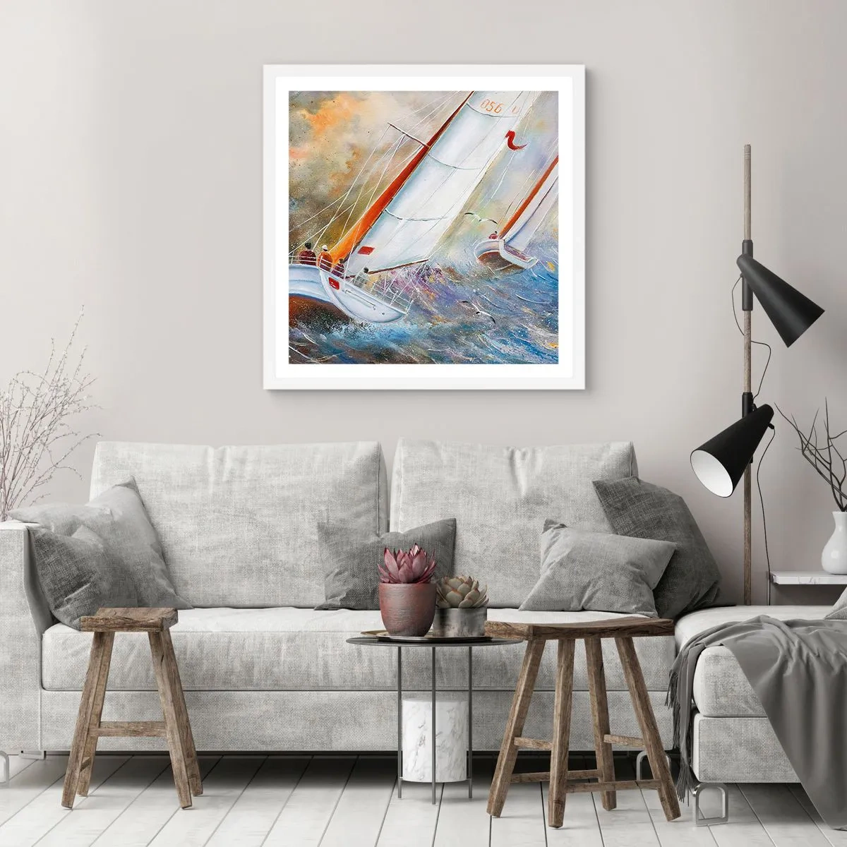 Poster in een witte lijst - Lopend op de golven  - 50x50 cm