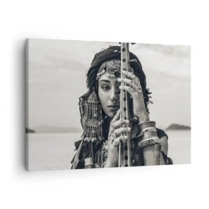 Schilderen op canvas - Portret van een vrouw met etnische sieraden en een instrument in haar hand - 70x50cm - De muziek van het Oosten zelf - Moderne wanddecoratie voor woonkamer en slaapkamer ARTTOR