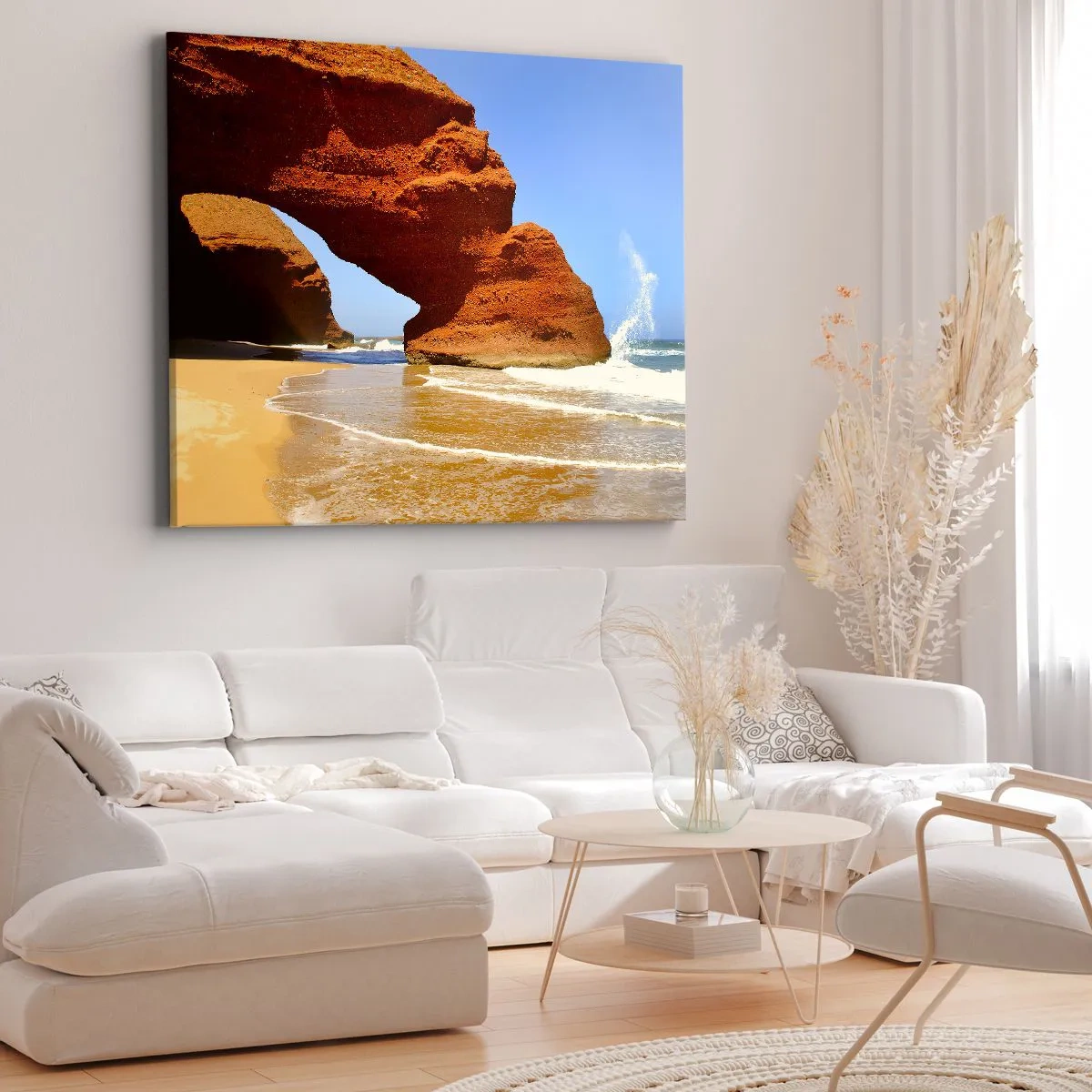 Schilderen op canvas - Een natuurlijke rotsboog op een strand met blauwe luchten en golven - 70x50cm - Water en wind al duizen jaren - Moderne wanddecoratie voor woonkamer en slaapkamer ARTTOR