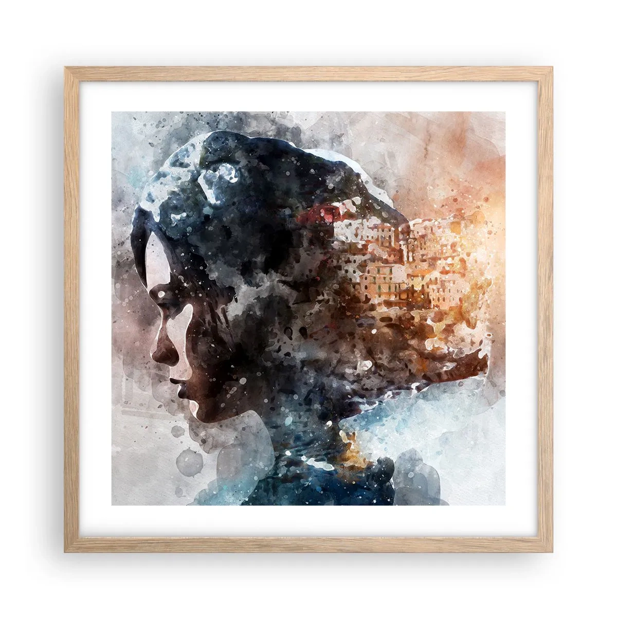 Een poster in een licht eiken lijst - Een verhaal over een meisje met een stad op de achtergrond - 50x50 cm