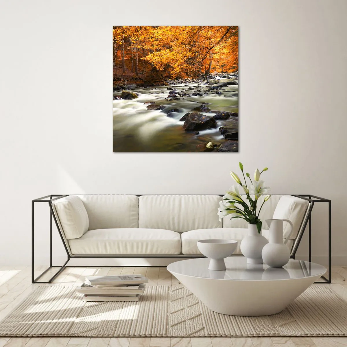 Schilderen op glas - Een stroom in een gouden bos - 30x30 cm