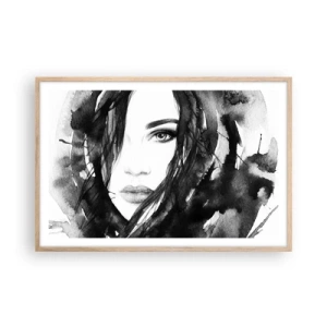 Een poster in een licht eiken lijst - Portret van een dame in zwart en wit - 91x61 cm