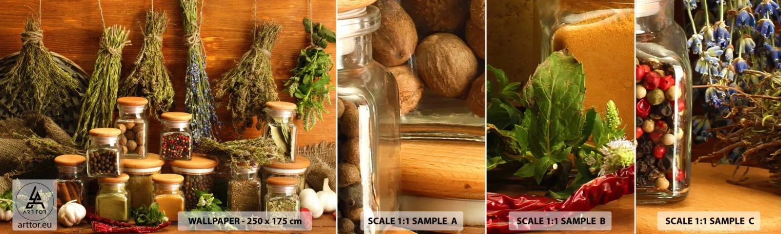 Fotobehang Staaltje Standard Eco - Keuken spreuken - Gastronomie, Gedroogde kruiden, Specerijen - 100x30 cm