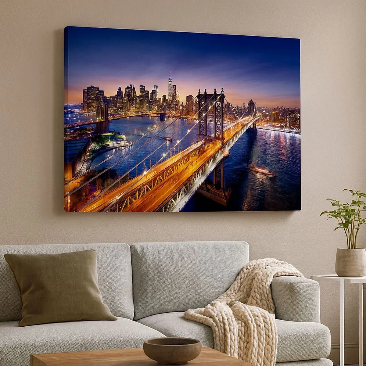 Schilderen op canvas - De brug en het stadspanorama bij zonsondergang - 70x50cm - Een stralende brug naar het hart van de stad - Moderne wanddecoratie voor woonkamer en slaapkamer ARTTOR