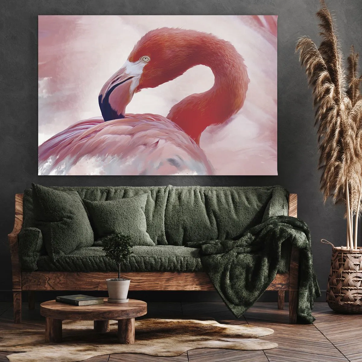 Schilderen op canvas - Een flamingo in roze tinten op een lichte achtergrond - 70x50cm - Vogel schoonheid - Moderne wanddecoratie voor woonkamer en slaapkamer ARTTOR