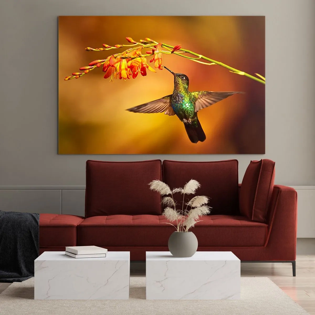 Schilderen op glas - Kolibrie bij bloemen in een gouden gloed - 70x50cm - Een boodschapper van licht volgens de Maya - Moderne wanddecoratie voor woonkamer en slaapkamer ARTTOR