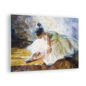 Schilderen op glas - Een ballerina leunt voorover in een witte jurk geschilderd met een olietextuur - 70x50cm - Naar een schilderij van Degas - Moderne wanddecoratie voor woonkamer en slaapkamer ARTTOR