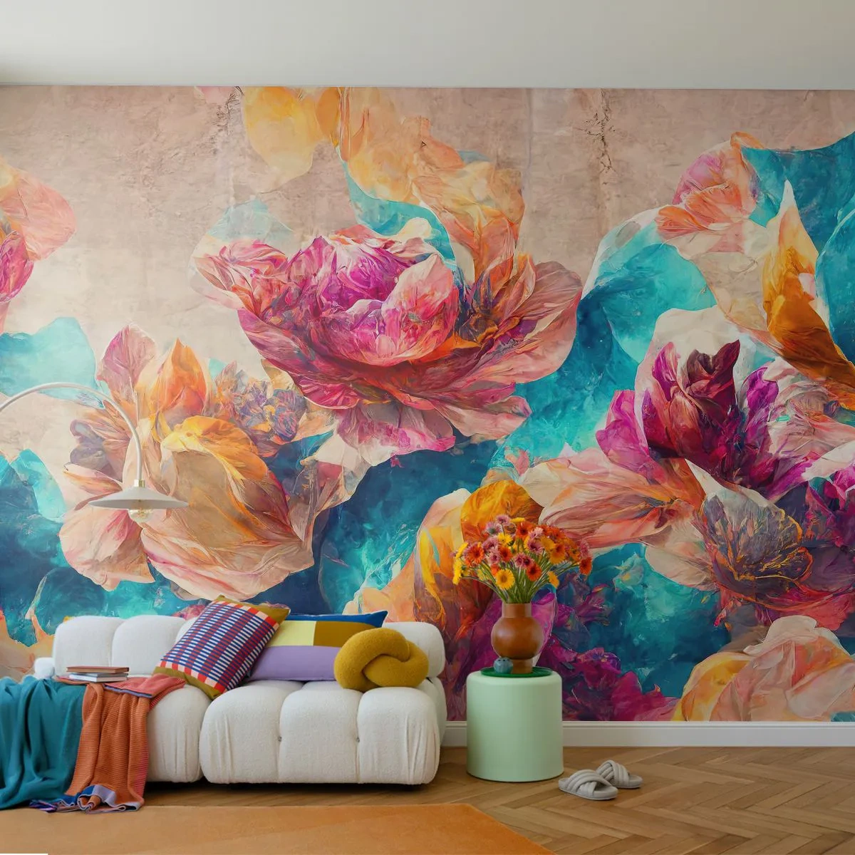 Fotobehang Premium Sand - Kleurrijke pracht van het boeket - Bloemen, Pastel, Deel - 400x280 cm