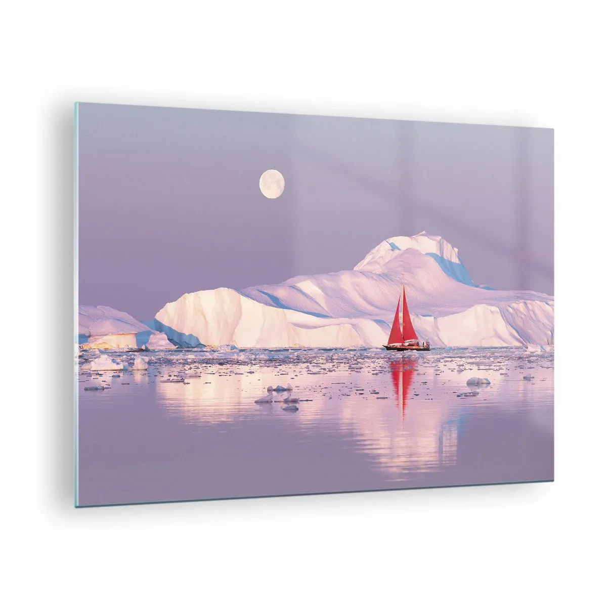 Schilderen op glas - Een zeilboot tegen de achtergrond van gletsjers in het maanlicht - 70x50cm - De hitte van het zeil, de kilte van het ijs - Moderne wanddecoratie voor woonkamer en slaapkamer ARTTOR