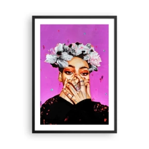 Poster in een zwarte lijst - Een expressief portret van een vrouw tegen een intens roze achtergrond. - 50x70cm - Een beetje gek - Moderne wanddecoratie voor woonkamer en slaapkamer ARTTOR