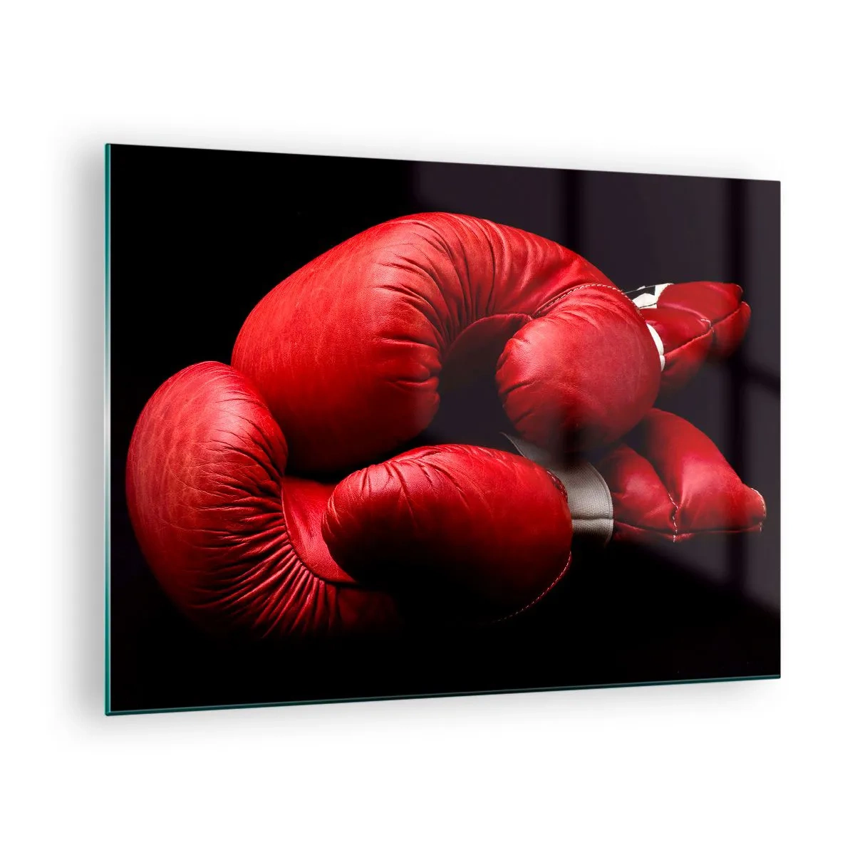 Schilderen op glas - Rode bokshandschoenen op een zwarte achtergrond - 70x50cm - De emoties van het gevecht met ons - Moderne wanddecoratie voor woonkamer en slaapkamer ARTTOR
