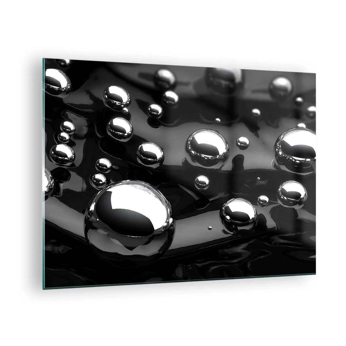Schilderen op glas - Metalen druppels op een zwart oppervlak - 70x50cm - Uit het zwarte water - Moderne wanddecoratie voor woonkamer en slaapkamer ARTTOR