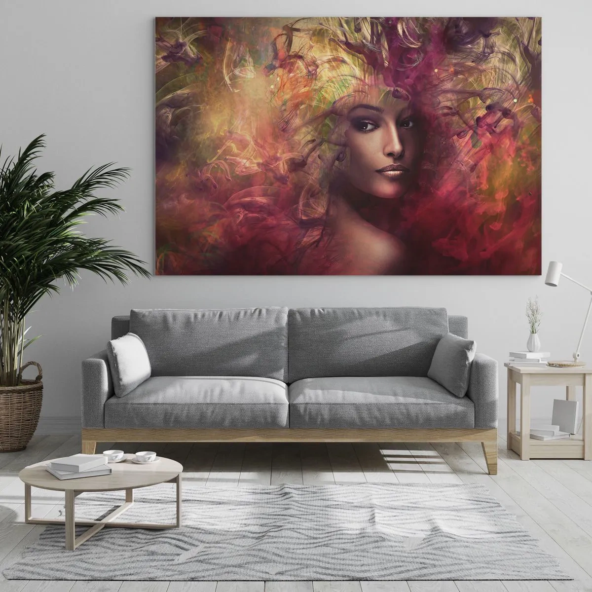 Schilderen op glas - Portret van een vrouw omringd door lichtgevende, abstracte kleuren - 70x50cm - Ik ben hier! - Moderne wanddecoratie voor woonkamer en slaapkamer ARTTOR