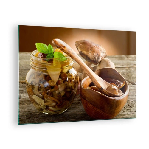 Schilderen op glas - Ingemaakte champignons in een pot met een houten kom en champignons op tafel op de achtergrond - 70x50cm - Of het nu vers of gezouten is, of in het herfstseizoen ... - Moderne wanddecoratie voor woonkamer en slaapkamer ARTTOR