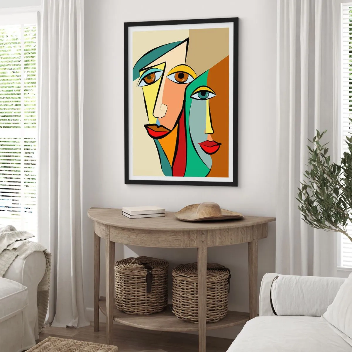 Poster in een zwarte lijst - Abstracte kubistische gezichten in warme kleuren - 50x70cm - Kubistisch koppel - Moderne wanddecoratie voor woonkamer en slaapkamer ARTTOR