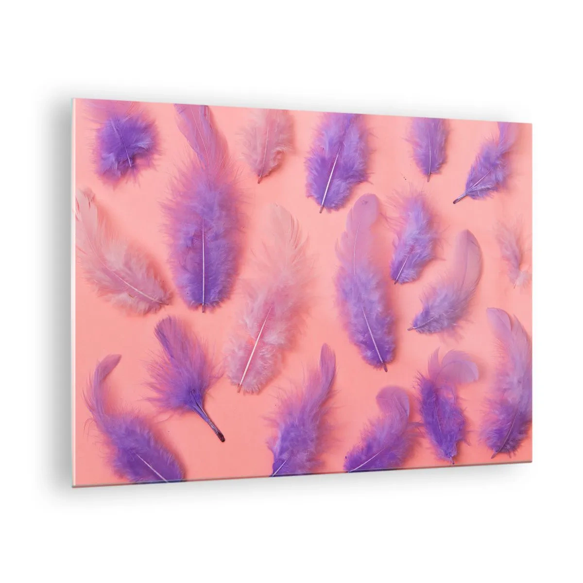 Schilderen op glas - Paarse veren op een roze achtergrond in een delicate compositie - 70x50cm - Lila vogel van verlangen - Moderne wanddecoratie voor woonkamer en slaapkamer ARTTOR
