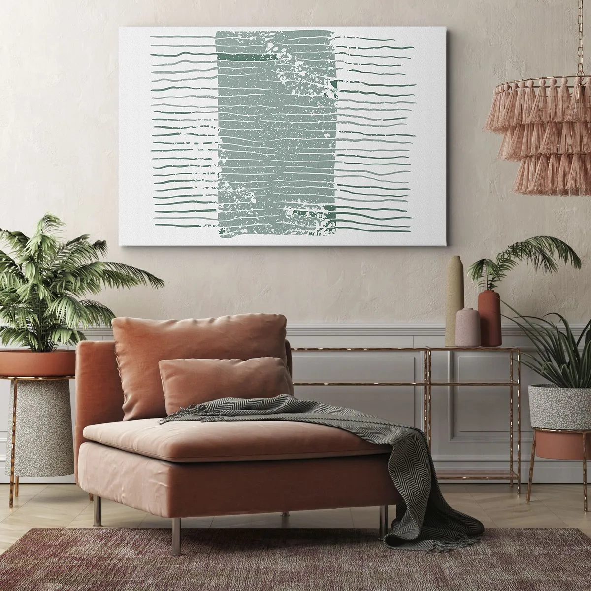 Schilderen op canvas - Geometrisch patroon in tinten zeegroen en wit - 70x50cm - Mariene abstractie - Moderne wanddecoratie voor woonkamer en slaapkamer ARTTOR