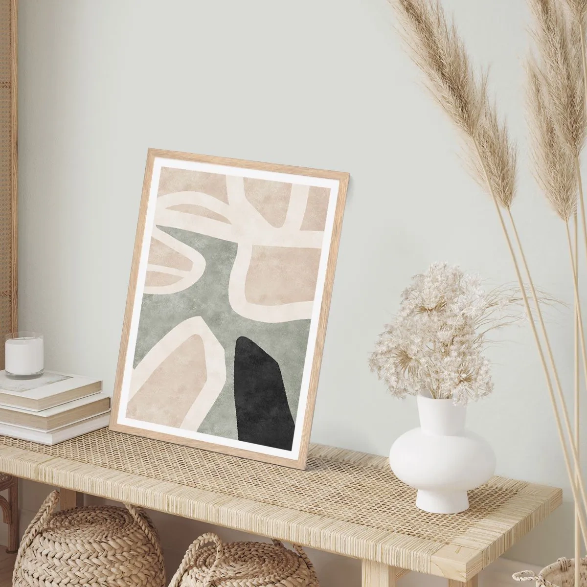 Een poster in een licht eiken lijst - Compositie met een zwart motief - 30x40 cm
