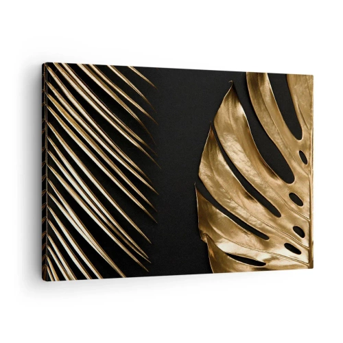 Schilderen op canvas - Gouden bladeren op een zwarte achtergrond - 70x50cm - Anders en net zo duur - Moderne wanddecoratie voor woonkamer en slaapkamer ARTTOR