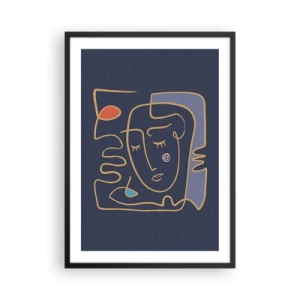 Poster in een zwarte lijst - Minimalistisch abstract gezicht op een marineblauwe achtergrond in lijnkunststijl - 50x70cm - In nadenken - Moderne wanddecoratie voor woonkamer en slaapkamer ARTTOR