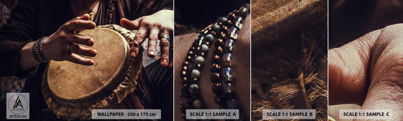 Fotobehang Monster Premium Sand - Op het ritme van het hart - Drumspel, Afrika, Muziek - 100x30 cm