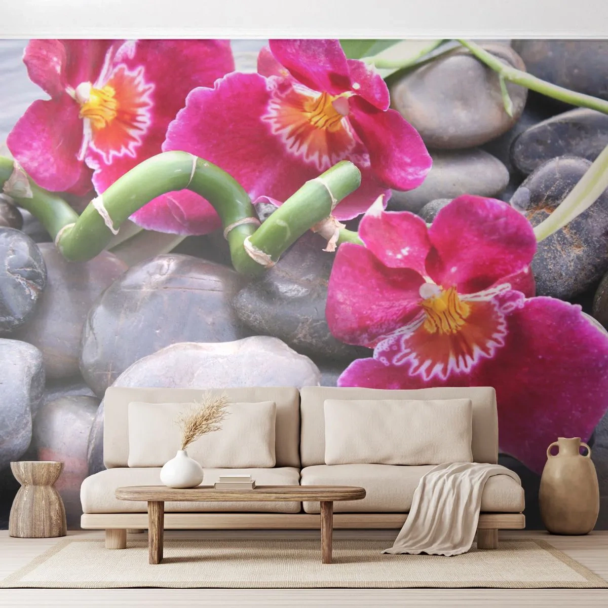 Fotobehang Premium Canvas - Kou en hitte - Bloemen, Stenen, Orchidee - 200x140 cm